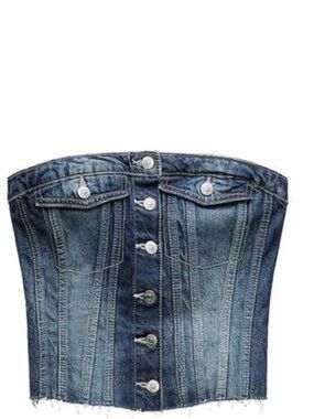 Zara Denim Button-Front Strapless Corset Top - Blue